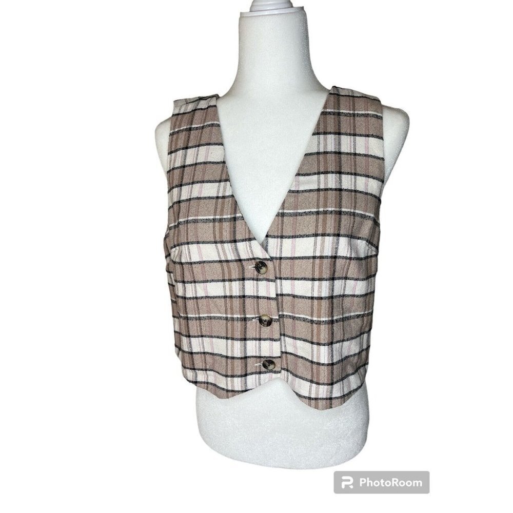 Treasure Bond Womens  Relaxed Fit Vest Plaid Cropped Jacket Blazers Size S NWOT - Picture 2 of 4